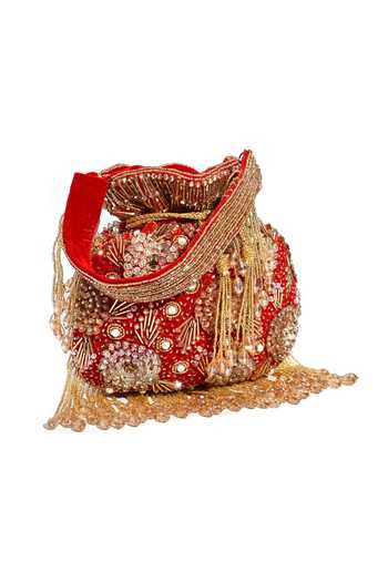 House Of Webhin_Red Sequins, Beads, Pearls, Zari, Crystals, Tassels, Lalima Velvet Potli _Online_at_Aza_Fashions