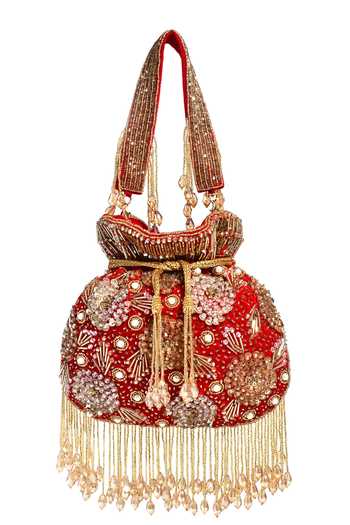 Shop_House Of Webhin_Red Sequins, Beads, Pearls, Zari, Crystals, Tassels, Lalima Velvet Potli _at_Aza_Fashions