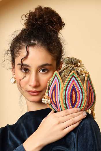 Buy_House of Webhin_Multi Color Beads Mani Lotus Shaped Potli _at_Aza_Fashions
