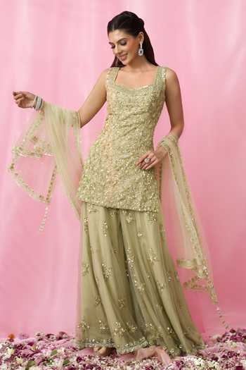 Buy_Aariyana Couture_Green Organza, Net Cut Work, Pearls, Floral Hand Embroidered Kurta Sharara Set _at_Aza_Fashions