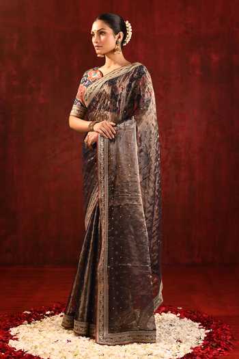 Buy_Singhanias_Brown Tissue Saree With Running Blouse Fabric _Online_at_Aza_Fashions