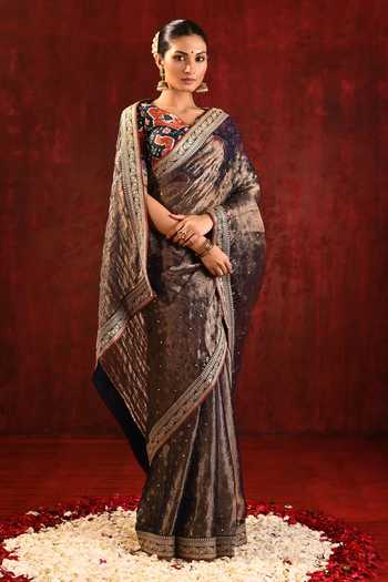 Shop_Singhanias_Brown Tissue Saree With Running Blouse Fabric _Online_at_Aza_Fashions