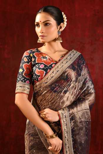 Singhanias_Brown Tissue Saree With Running Blouse Fabric _at_Aza_Fashions