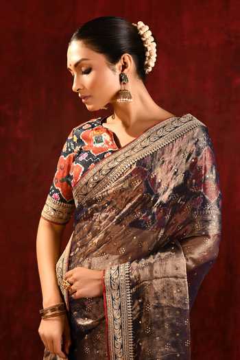 Buy_Singhanias_Brown Tissue Saree With Running Blouse Fabric 