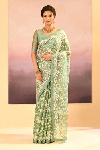 Buy_Singhanias_Green Tissue V-neck Saree With Running Blouse Fabric _at_Aza_Fashions