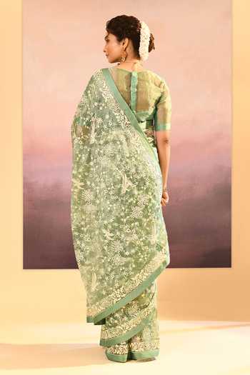 Singhanias_Green Tissue V-neck Saree With Running Blouse Fabric _Online_at_Aza_Fashions