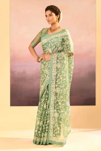Buy_Singhanias_Green Tissue V-neck Saree With Running Blouse Fabric _Online_at_Aza_Fashions