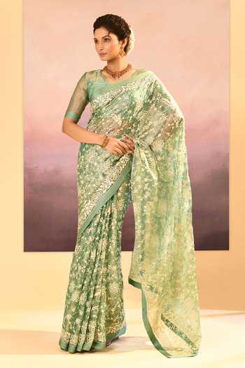 Shop_Singhanias_Green Tissue V-neck Saree With Running Blouse Fabric _Online_at_Aza_Fashions