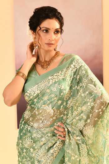 Singhanias_Green Tissue V-neck Saree With Running Blouse Fabric _at_Aza_Fashions