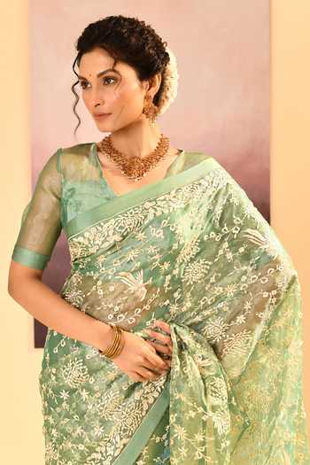 Buy_Singhanias_Green Tissue V-neck Saree With Running Blouse Fabric 