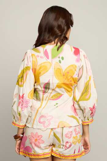 Shop_Poppi_Multi Color Cotton V-neck Floral Print Peplum Top And Shorts Set _at_Aza_Fashions