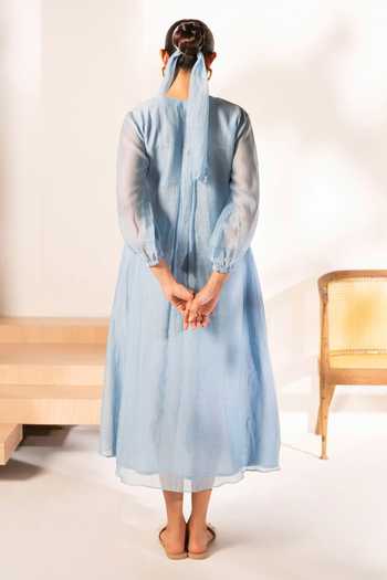 Shop_AM By Anita Mittal_Blue Chanderi Round Neck Zoya Mul Tunic And Pant Set _at_Aza_Fashions