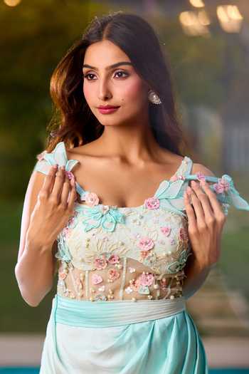 Buy_Aariyana Couture_Blue Modal, Net Embroidery Off-shoulder Draped Corset Maxi Dress _at_Aza_Fashions