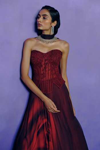Shop_Dolly J_Red Crepe, Tulle Beads Sweetheart Neck Scarlet Desire Corset And Skirt Set _at_Aza_Fashions