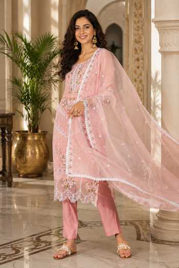 Buy_Jhambthreads_Pink Organza, Shantoon Round Neck Floral Embroidered Kurta Set _at_Aza_Fashions