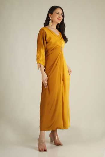 Jhambthreads_Yellow Chinon V-neck Draped Knotted Dress _Online_at_Aza_Fashions
