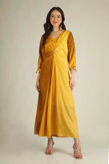 Buy_Jhambthreads_Yellow Chinon V-neck Draped Knotted Dress _at_Aza_Fashions