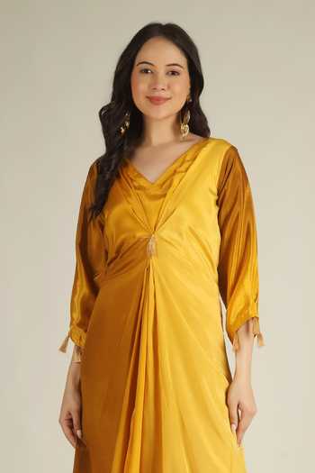 Buy_Jhambthreads_Yellow Chinon V-neck Draped Knotted Dress _Online_at_Aza_Fashions