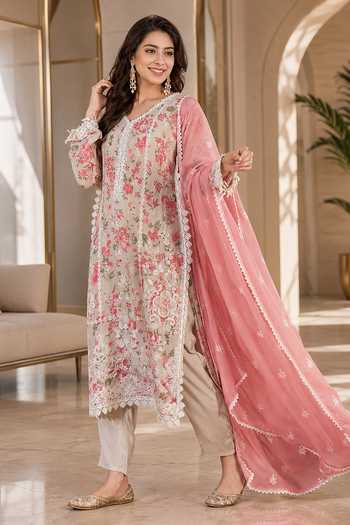 Buy_Jhambthreads_Beige Organza, Chiffon, Shantoon V-neck Floral Print Kurta Pant Set _Online_at_Aza_Fashions