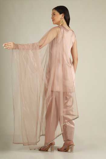 Shop_Jhambthreads_Pink Silk, Net Leaf Neck, Yes Pearl Placement Embellished Kurta Set _at_Aza_Fashions