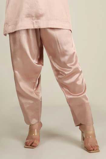 Shop_Jhambthreads_Pink Silk, Net Leaf Neck, Yes Pearl Placement Embellished Kurta Set _Online_at_Aza_Fashions