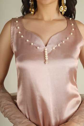 Buy_Jhambthreads_Pink Silk, Net Leaf Neck, Yes Pearl Placement Embellished Kurta Set 