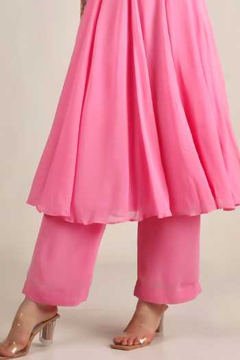 Buy_Jhambthreads_Pink Georgette V-neck V Anarkali And Pant Set _Online_at_Aza_Fashions