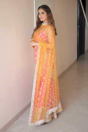 Shop_Gopi Vaid_Pink Silk, Cotton, Net V-neck, Yes Dwisha Printed Halter Tunic Sharara Set _at_Aza_Fashions