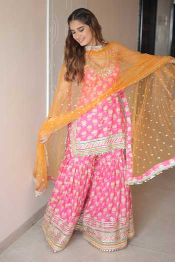 Buy_Gopi Vaid_Pink Silk, Cotton, Net V-neck, Yes Dwisha Printed Halter Tunic Sharara Set _at_Aza_Fashions