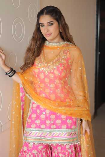 Gopi Vaid_Pink Silk, Cotton, Net V-neck, Yes Dwisha Printed Halter Tunic Sharara Set _at_Aza_Fashions