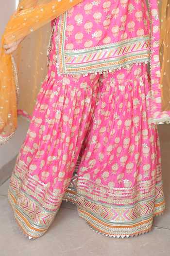 Buy_Gopi Vaid_Pink Silk, Cotton, Net V-neck, Yes Dwisha Printed Halter Tunic Sharara Set 