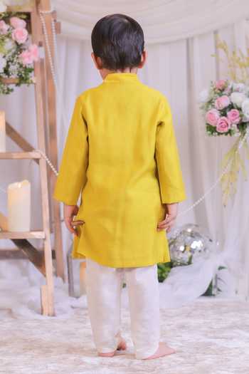 Shop_Lil Angels_Yellow Silk Hand Embroidered Kurta Set _at_Aza_Fashions
