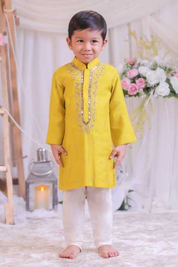 Lil Angels_Yellow Silk Hand Embroidered Kurta Set _Online_at_Aza_Fashions