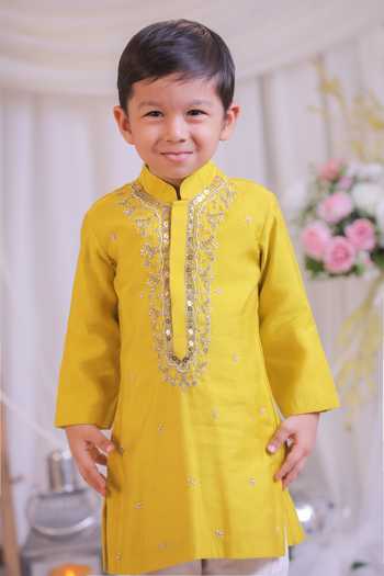 Buy_Lil Angels_Yellow Silk Hand Embroidered Kurta Set _Online_at_Aza_Fashions