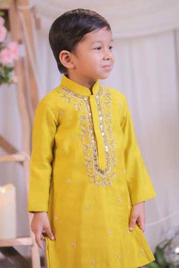 Shop_Lil Angels_Yellow Silk Hand Embroidered Kurta Set _Online_at_Aza_Fashions