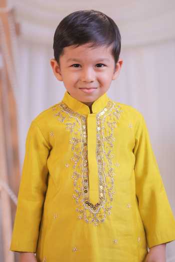Lil Angels_Yellow Silk Hand Embroidered Kurta Set _at_Aza_Fashions