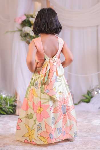 Shop_Lil Angels_Peach Silk Floral Print Lehenga And Blouse Set _at_Aza_Fashions