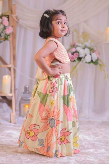 Lil Angels_Peach Silk Floral Print Lehenga And Blouse Set _Online_at_Aza_Fashions