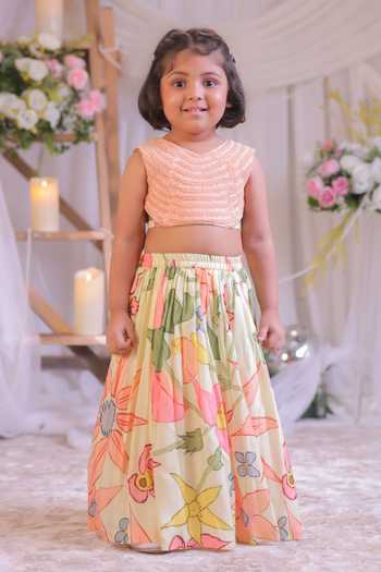 Buy_Lil Angels_Peach Silk Floral Print Lehenga And Blouse Set _at_Aza_Fashions