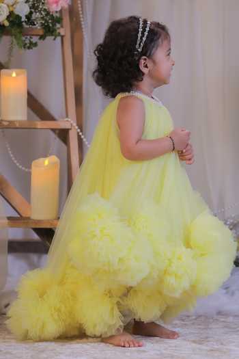 Shop_Lil Angels_Yellow Net Layered Ruffle Dress _Online_at_Aza_Fashions