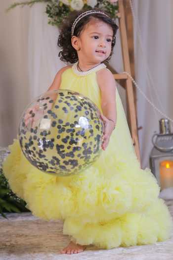 Lil Angels_Yellow Net Layered Ruffle Dress _at_Aza_Fashions