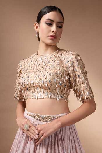 Rocky Star_Beige Organza, Silk Round Neck Mirror Work Blouse Lehenga Set _Online_at_Aza_Fashions