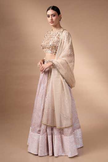 Buy_Rocky Star_Beige Organza, Silk Round Neck Mirror Work Blouse Lehenga Set _Online_at_Aza_Fashions