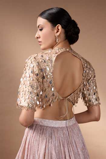 Shop_Rocky Star_Beige Organza, Silk Round Neck Mirror Work Blouse Lehenga Set _Online_at_Aza_Fashions