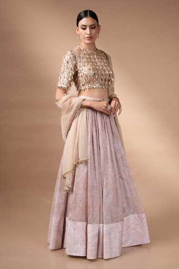 Rocky Star_Beige Organza, Silk Round Neck Mirror Work Blouse Lehenga Set _at_Aza_Fashions