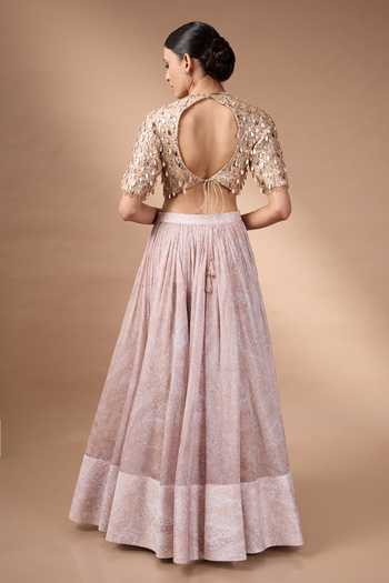 Shop_Rocky Star_Beige Organza, Silk Round Neck Mirror Work Blouse Lehenga Set _at_Aza_Fashions