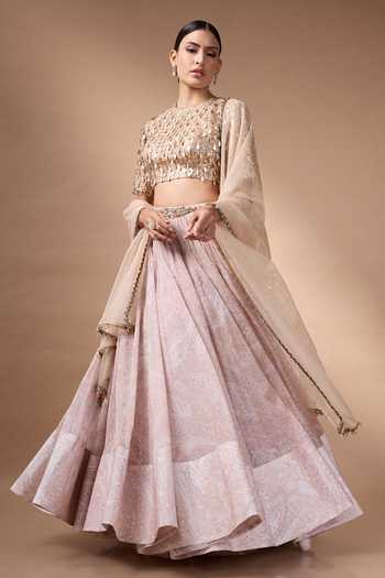 Buy_Rocky Star_Beige Organza, Silk Round Neck Mirror Work Blouse Lehenga Set 