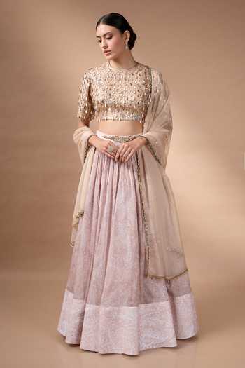 Shop_Rocky Star_Beige Organza, Silk Round Neck Mirror Work Blouse Lehenga Set 