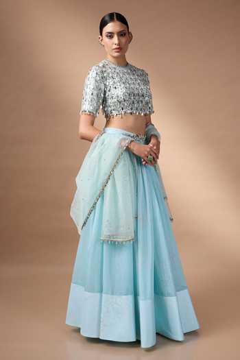 Rocky Star_Blue Organza, Silk Sweetheart Neck Mirror Work Blouse Lehenga Set _Online_at_Aza_Fashions