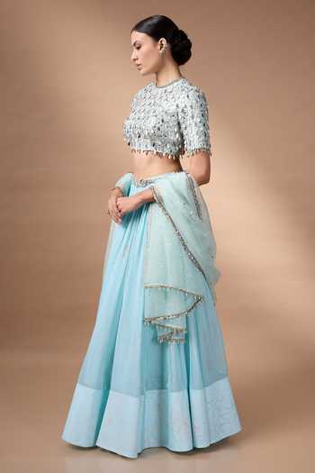 Buy_Rocky Star_Blue Organza, Silk Sweetheart Neck Mirror Work Blouse Lehenga Set _Online_at_Aza_Fashions